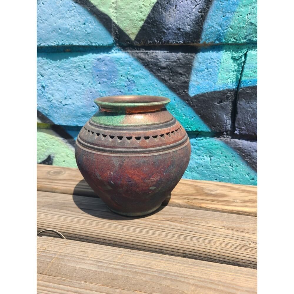 John Melkonian Raku Studio Pottery Vase Incised Triangle Design Signed 2010 EUC